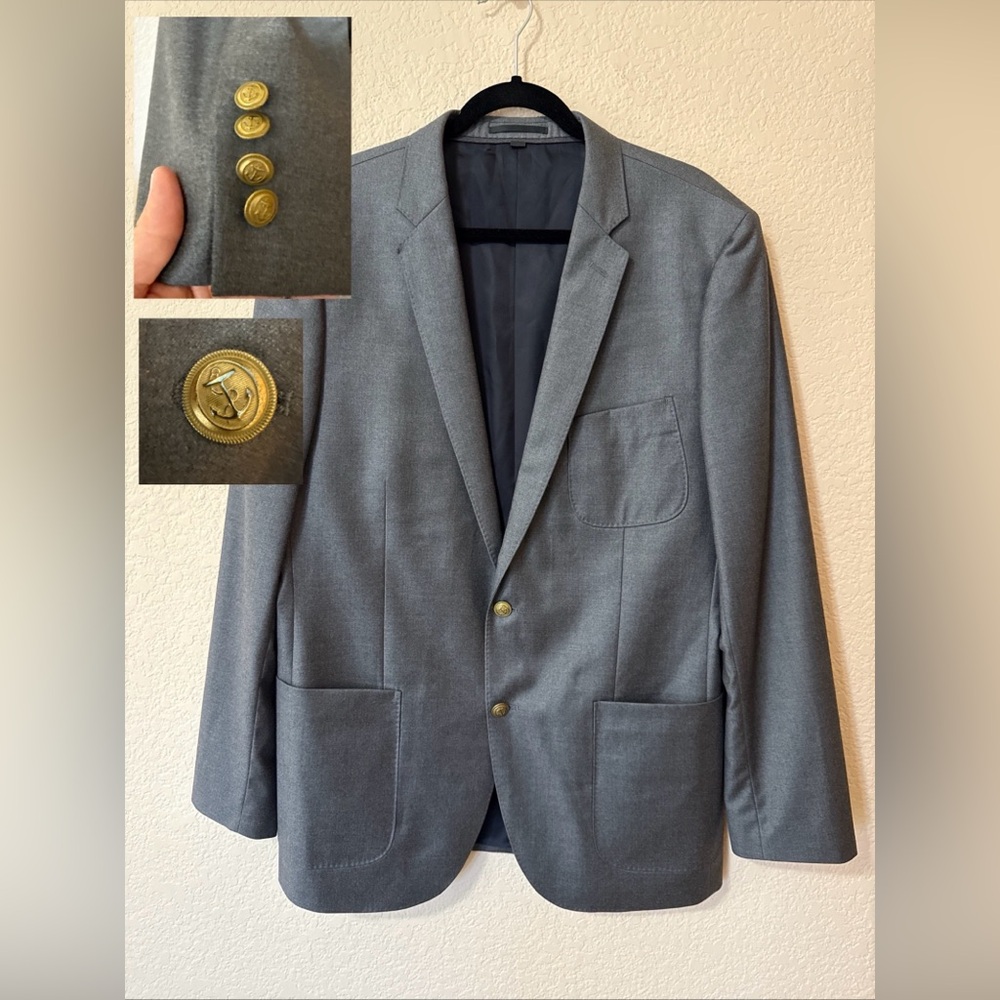 J Crew Loro Piana Ludlow Blazer 44L Gray Italian Super 130s Wool Brass Buttons